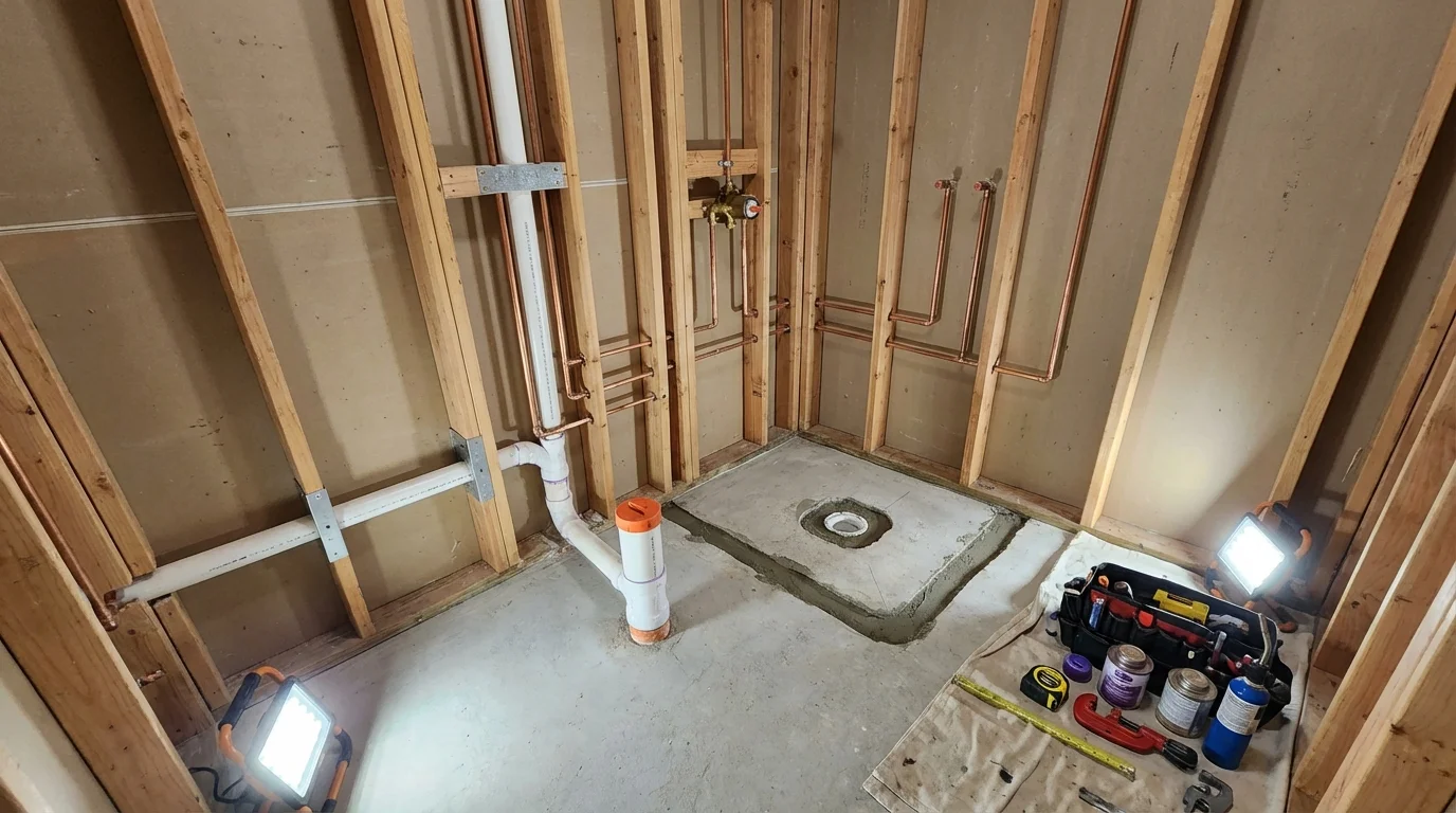 Bathroom rough-in plumbing during remodel by Johns Plumbing LLC in Saratoga