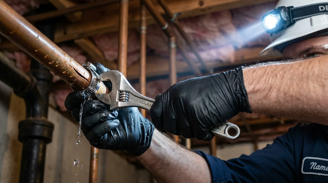 Emergency pipe clamp repair being performed by a Johns Plumbing LLC plumber in Saratoga