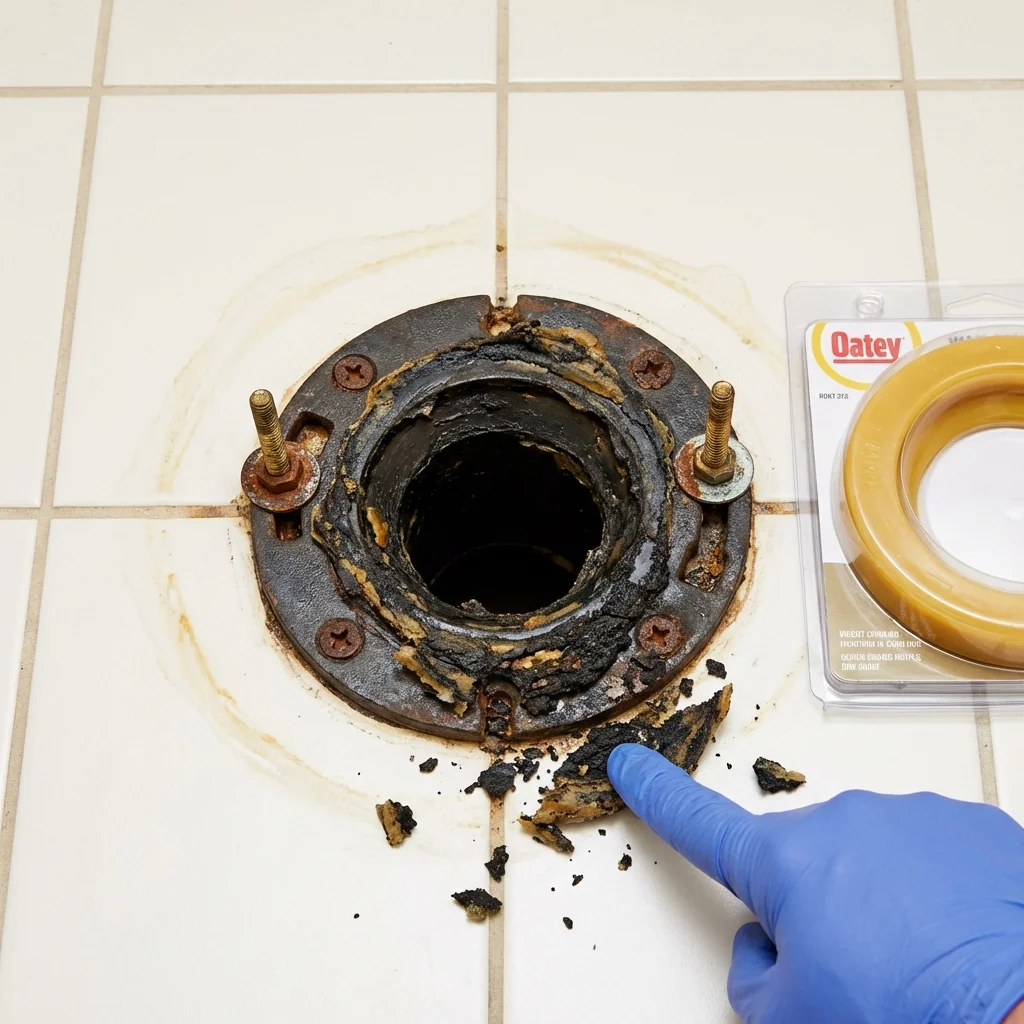 Failed wax ring showing water seepage at the base of a toilet in a Saratoga, CA home