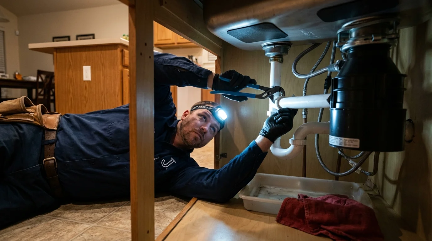P-trap and supply line connections under a kitchen sink showing a common leak point in Saratoga, CA